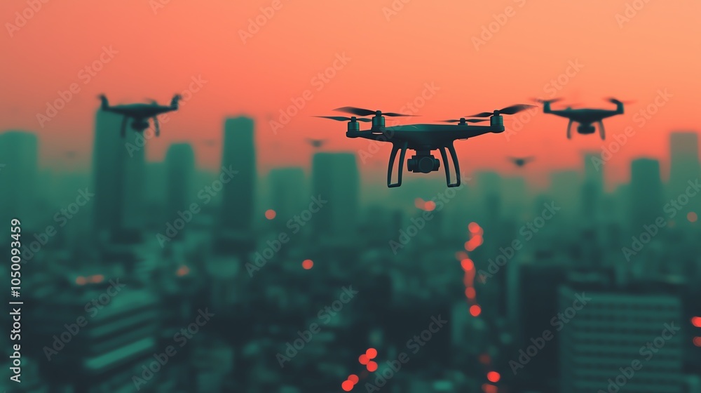 A swarm of delivery drones flying over a city top view showcasing coordinated flight paths futuristic tone analogous color scheme A swarm of delivery drones flying over a city top view showcasing coordinated flight paths futuristic tone analogous color scheme