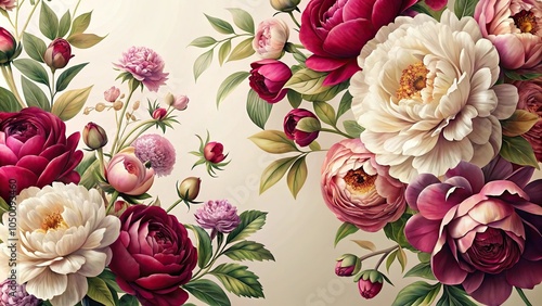 Fototapeta Naklejka Na Ścianę i Meble -  An elegant flower wallpaper with long-stemmed roses and peonies in rich jewel-toned colors against a subtle cream background, peonies, sophisticated, flowers, patterns