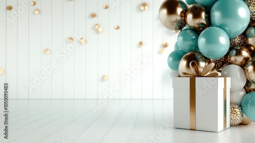 A sophisticated decorative setting features a white gift box with a golden ribbon, surrounded by an array of teal and gold balloons against a festive backdrop. photo