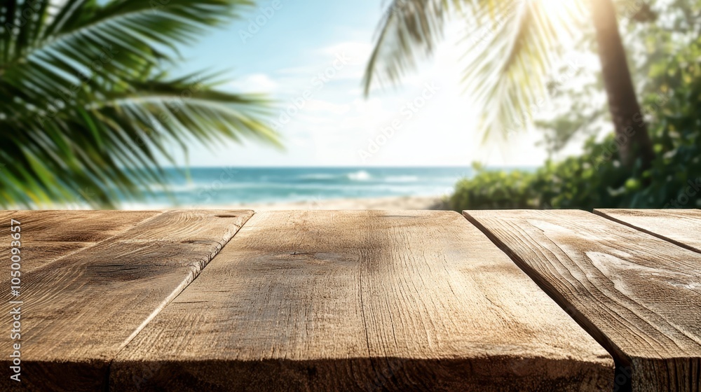 A beachfront setting with a wooden table, palm trees, and bright sunlight, capturing a perfect summer day at a tropical paradise by the sea. A beachfront setting with a wooden table, palm trees, and bright sunlight, capturing a perfect summer day at a tropical paradise by the sea.
