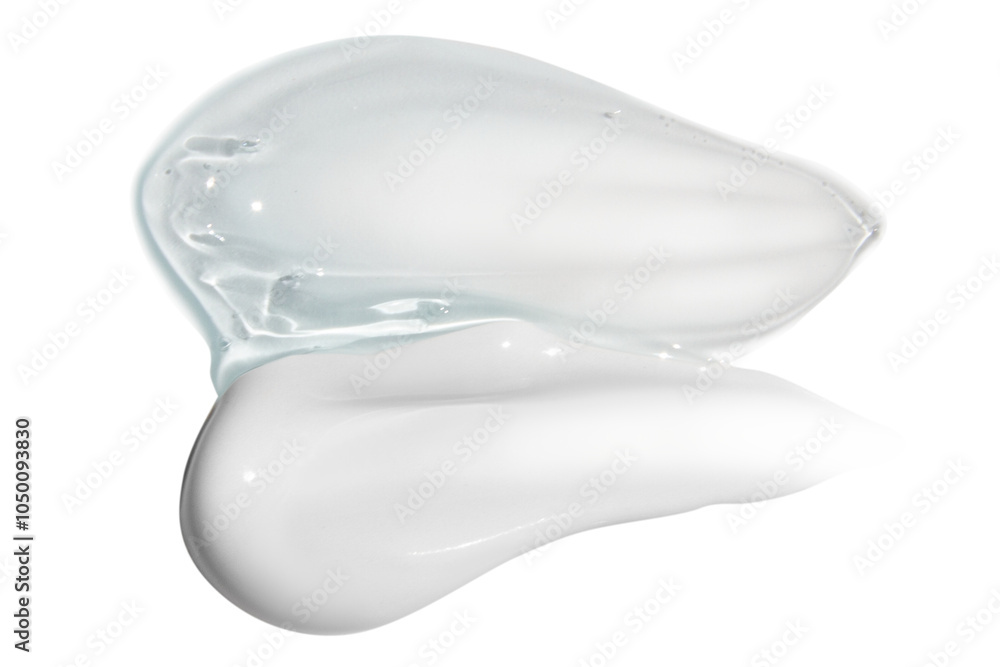 Composition of a white cream smear and a transparent blue gel smear on an empty background. Skincare products, hydrating and moisturizing textures. Composition of a white cream smear and a transparent blue gel smear on an empty background. Skincare products, hydrating and moisturizing textures.