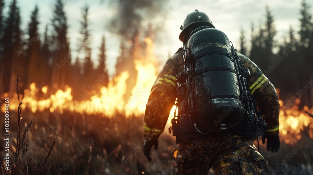 A lone firefighter, equipped with full gear, faces a relentless forest fire, consumed in smoke and flames, while preparing to manage the intense blaze. A lone firefighter, equipped with full gear, faces a relentless forest fire, consumed in smoke and flames, while preparing to manage the intense blaze.