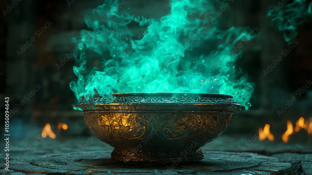 Ancient brazier burning with green flames, magical vibe, 3D illustration Ancient brazier burning with green flames, magical vibe, 3D illustration