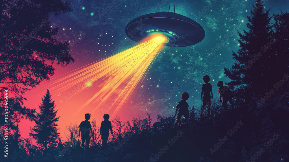 ufo in space in neon colors ufo in space in neon colors