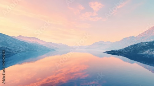 A quiet mountain lake reflecting the pastel colors of the dawn sky, with still water mirroring the soft pinks and oranges of the horizon