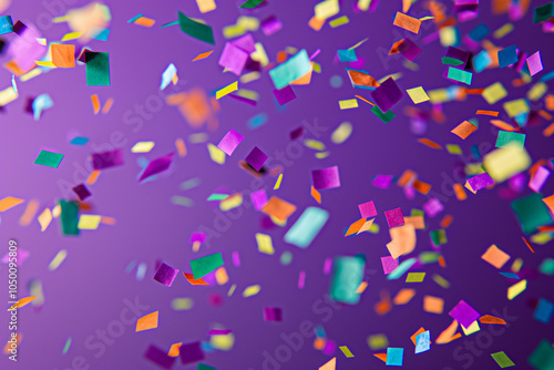 Abstract festive purple wallpaper with falling confetti. Background, illustration. Celebration, party, holiday.