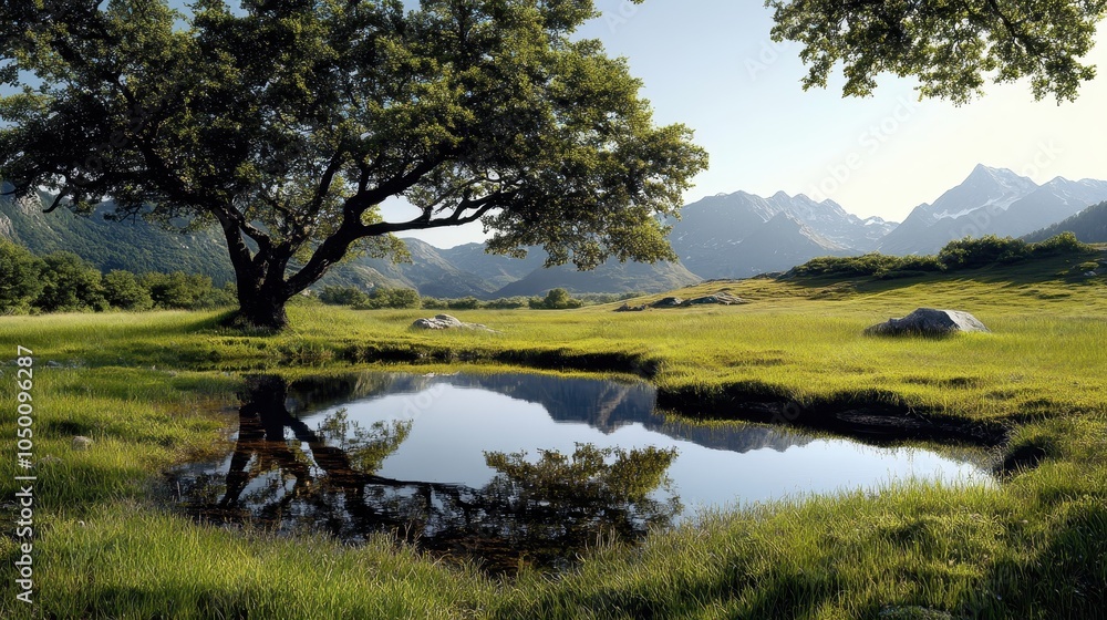 A verdant valley lies under a broad solitary tree with mountains in the background, showcasing the harmony between nature's elements and solitude. A verdant valley lies under a broad solitary tree with mountains in the background, showcasing the harmony between nature's elements and solitude.