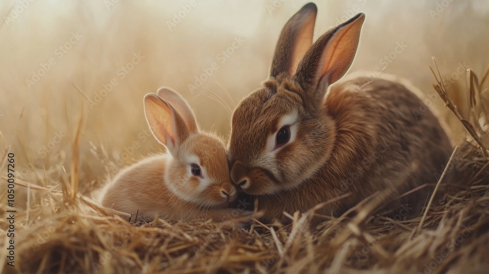 mother rabbit with her tiny bunny on soft hay mother rabbit with her tiny bunny on soft hay