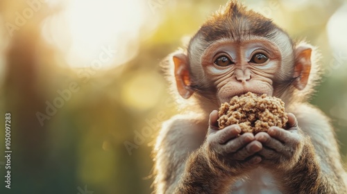 A cute and expressive monkey gazes curiously while holding a piece of food in its little hands, amidst a soft-focus natural background, evoking innocence and curiosity.
