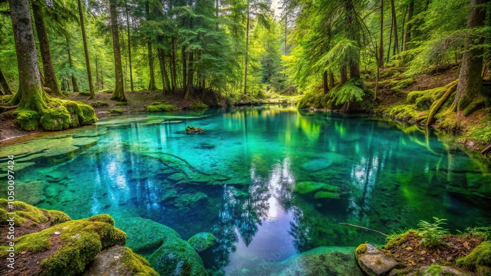 Obraz premium A small pool of turquoise water forms on the forest floor, nature, leafy