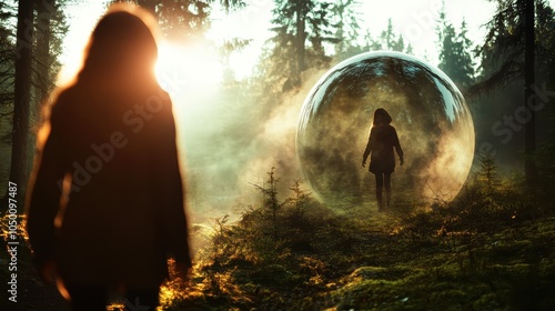 A mysterious figure stands gazing at its reflection in a glowing, translucent orb amidst a tranquil forest, capturing themes of introspection and wonder in nature. photo