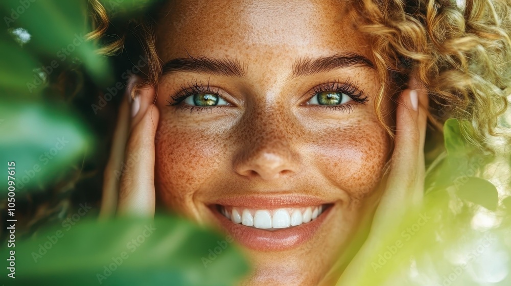 A smiling woman, defined by her radiant freckles and curly hair, basks in the sunlight surrounded by lush green leaves, representing cheer and natural beauty. A smiling woman, defined by her radiant freckles and curly hair, basks in the sunlight surrounded by lush green leaves, representing cheer and natural beauty.