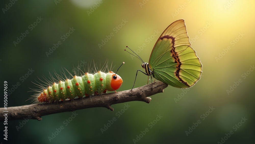 Fototapeta premium Caterpillar at branchs edge ready to transform into butterfly symbolizing growth and change