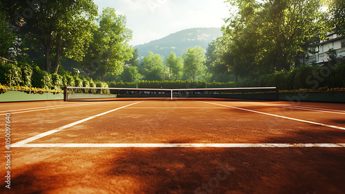 Brightly lit clay tennis court with crisp white lines, surrounded by lush green trees, creating a vibrant and anticipatory atmosphere before a match.
