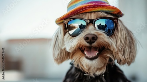 Wallpaper Mural A delightful terrier dog with a big smile, wearing dark sunglasses and a rainbow striped hat, exuding cheerfulness and style amidst an urban backdrop. Torontodigital.ca