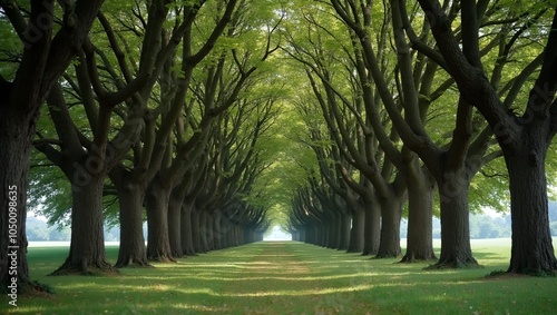 Interwoven tree branches forming a unified canopy in a serene grove