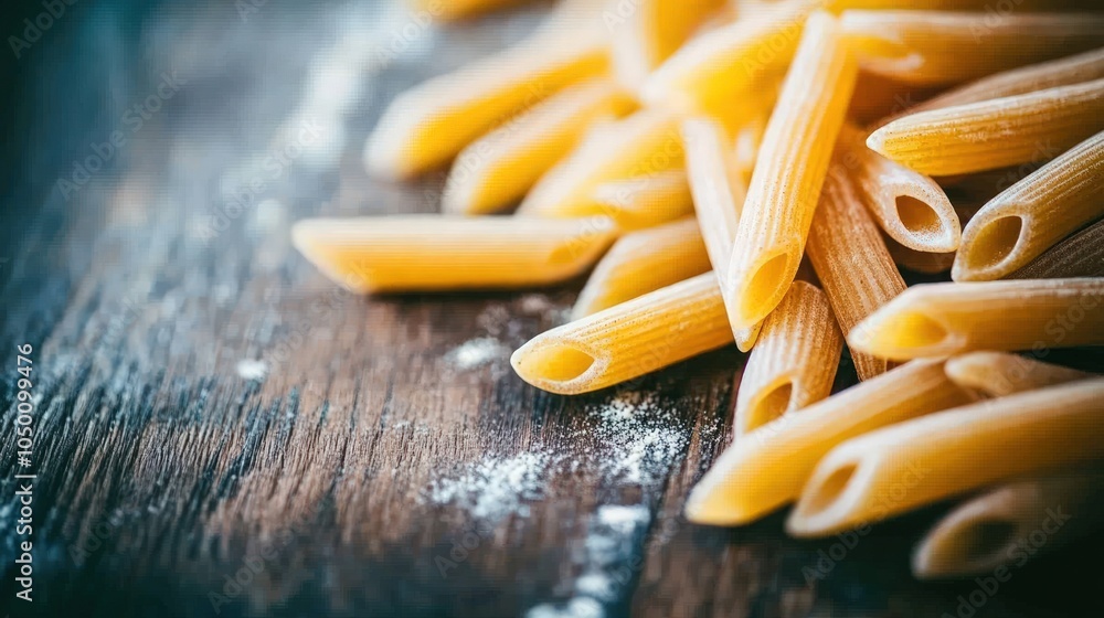 Close up of penne pasta on a rustic wooden table with flour. Close up of penne pasta on a rustic wooden table with flour.