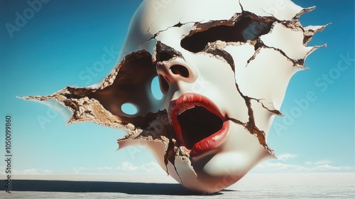 A cracked face-shaped mask artistically floats in a barren desert backdrop, illustrating themes of vulnerability and resilience in a surreal, imaginative manner. photo