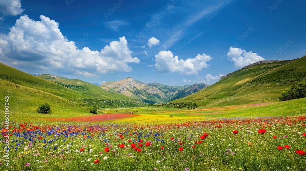 A remote valley with gentle hills covered in wildflowers, creating a vibrant patchwork of colors under a bright blue sky A remote valley with gentle hills covered in wildflowers, creating a vibrant patchwork of colors under a bright blue sky