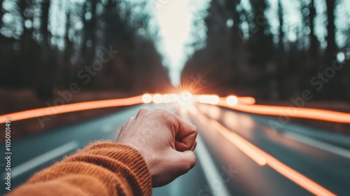 A hand reaches out towards a swift stream of lights blazing down a road at dusk, capturing a sense of speed, ambition, and the pursuit of dreams in motion. photo