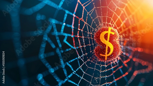 Financial Entrapment - Spider Web with Dollar Signs as Bait Flat Design Illustration with Copy Space for Text photo