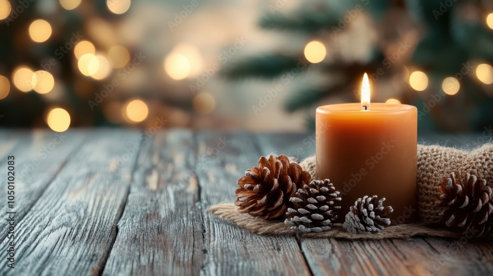 A glowing candle surrounded by pinecones rests on a rustic wooden table in a festive holiday setting, creating a warm, comforting, and cozy seasonal atmosphere. A glowing candle surrounded by pinecones rests on a rustic wooden table in a festive holiday setting, creating a warm, comforting, and cozy seasonal atmosphere.