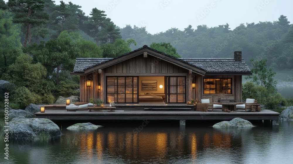 Fototapeta premium 3D rendering of rustic mountain retreat with wooden cabins