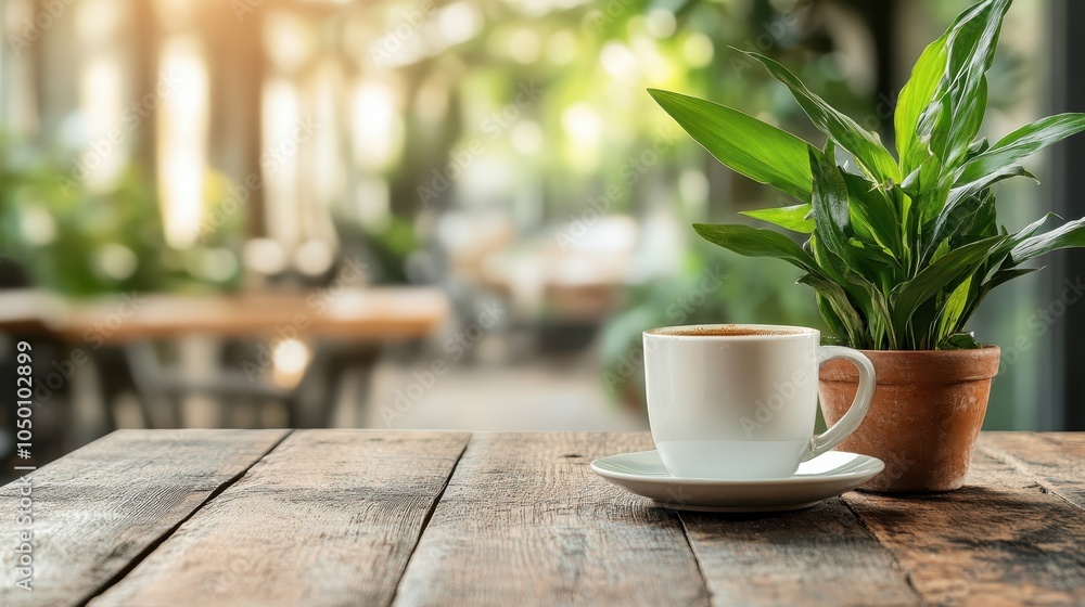 A steaming cup of coffee sits next to a lush potted plant on a rustic wooden table, embodying a cozy atmosphere perfect for contemplation and relaxation. A steaming cup of coffee sits next to a lush potted plant on a rustic wooden table, embodying a cozy atmosphere perfect for contemplation and relaxation.