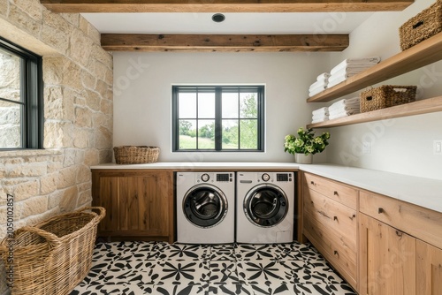 Rustic laundry room with wooden beams, stone walls, and an old-fashioned wringer washing machine, Country style, Earthy tones, Vintage details, Cozy atmosphere photo