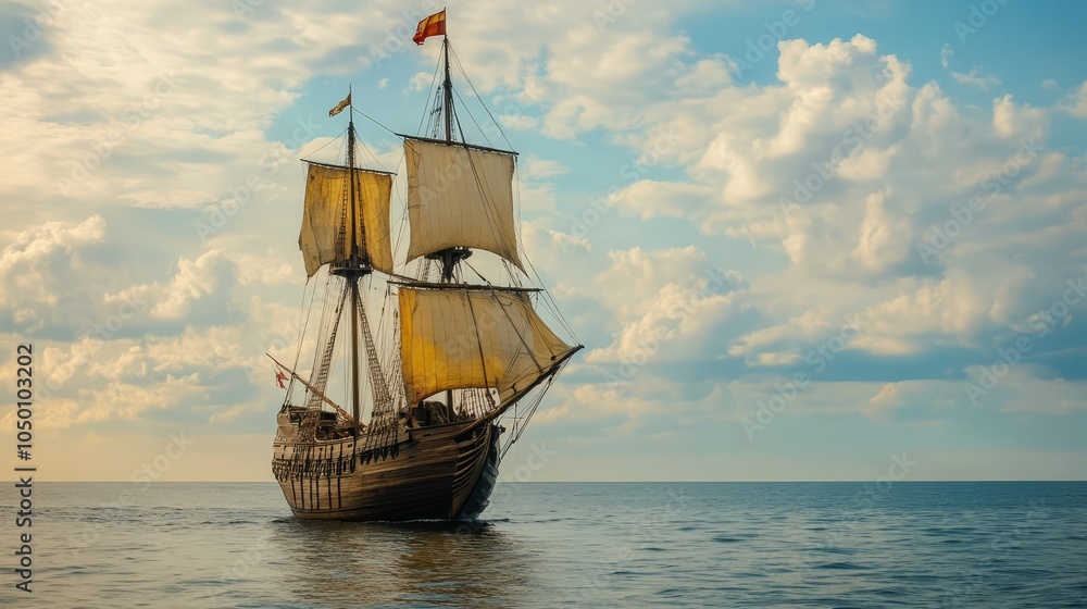 Obraz premium Historical Sailing Ship on Calm Ocean with Dramatic Sky