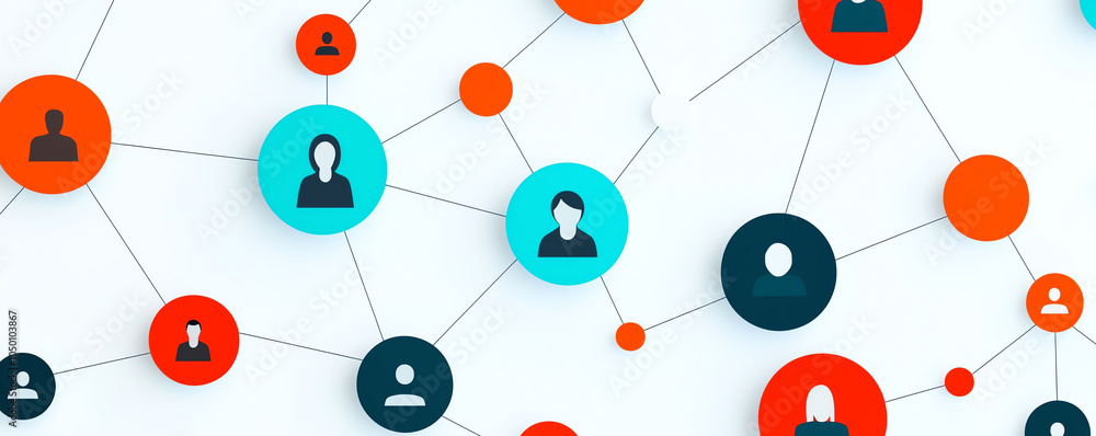 Abstract visualization of HR network management, connected icons and data points, modern colors Abstract visualization of HR network management, connected icons and data points, modern colors