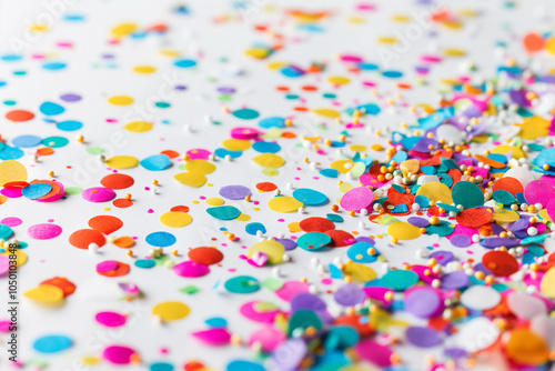 Abstract festive wallpaper with colorful confetti on white background. Background, illustration. Celebration, party, holiday.