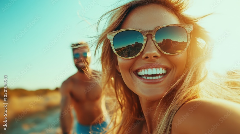 A joyful woman wearing sunglasses smiles broadly with bright sunlight casting a warm glow, capturing the essence of a sunny, carefree day outdoors. A joyful woman wearing sunglasses smiles broadly with bright sunlight casting a warm glow, capturing the essence of a sunny, carefree day outdoors.
