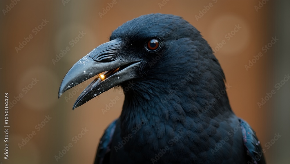 Fototapeta premium Curious crow holding shiny object symbolizing intelligence and knowledge
