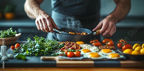 A person cooking eggs and vegetables in a kitchen, showcasing fresh ingredients.