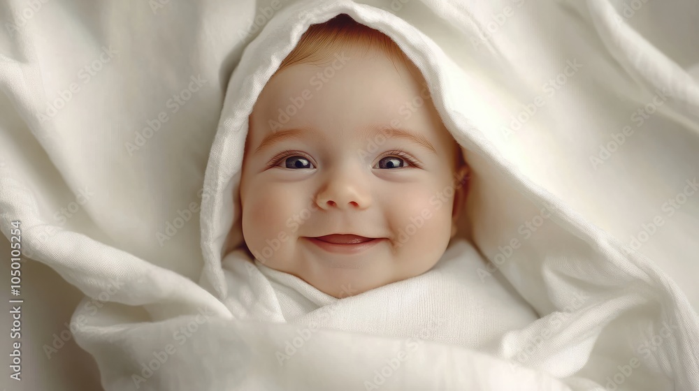 Cute newborn baby lies swaddled in a white blanket. Baby goods packaging template. Closeup portrait of newborn baby with smile on face. Healthy and medical concept. Cute newborn baby lies swaddled in a white blanket. Baby goods packaging template. Closeup portrait of newborn baby with smile on face. Healthy and medical concept.