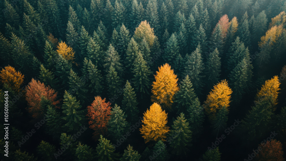 Aerial view of green, yellow and orange tree tops in autumn fall colours, forest nature background Aerial view of green, yellow and orange tree tops in autumn fall colours, forest nature background