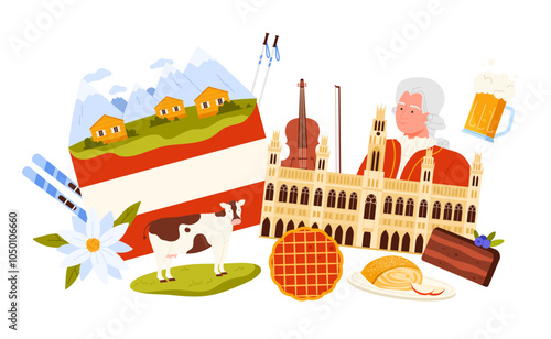 Travel to Austria, collage of famous culture elements. Alpine mountain village and cow, edelweiss flower and skis, Mozart with violin and beer, strudel and Sacher cake cartoon vector illustration