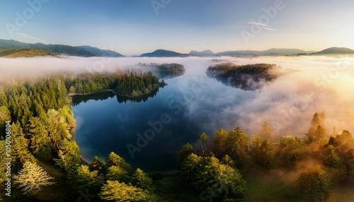 Aerial view of foggy lake in mountains at sunrise illuminating forest