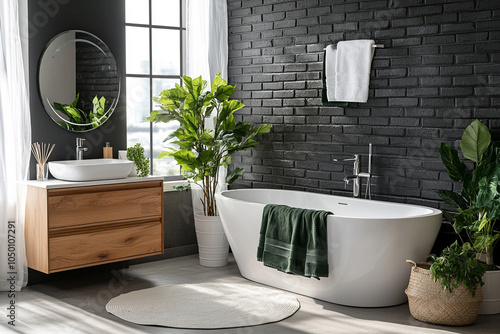 Creative composition of bathroom interior with white bath, black wall, plants and personal accessories. Home decor. photo