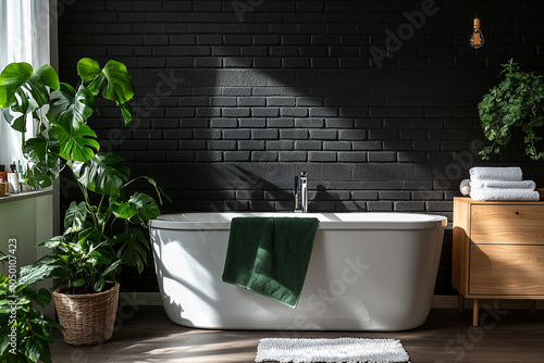 Creative composition of bathroom interior with white bath, black wall, plants and personal accessories. Home decor. photo