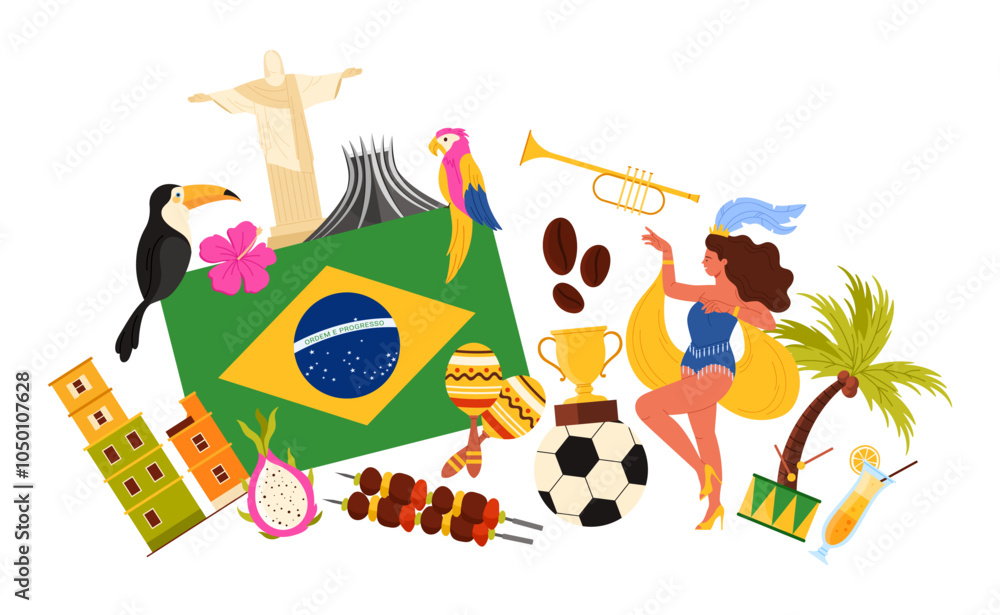 Obraz premium Travel to Brazil set, elements of culture and architecture, traditional carnival and tropical animals in infographic collage. Brazilian flag and and coffee, samba dance cartoon vector illustration