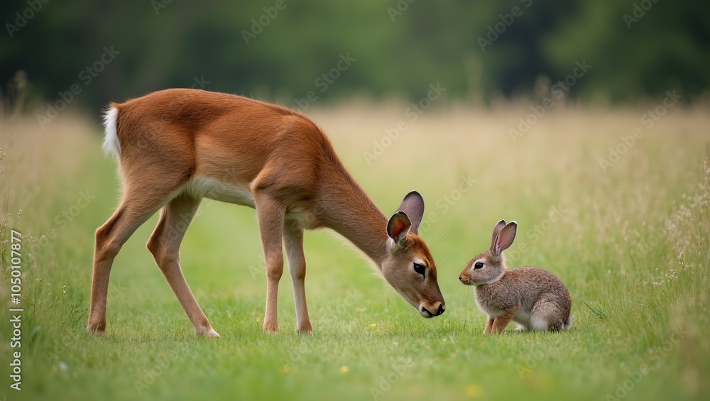 Peaceful deer and rabbit in harmonious meadow scene Peaceful deer and rabbit in harmonious meadow scene