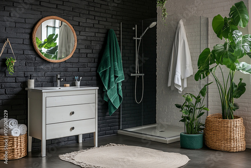 Creative composition of bathroom interior with white bath, black wall, plants and personal accessories. Home decor. photo