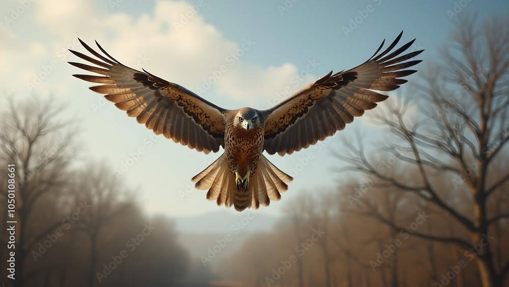 Fototapeta premium Majestic hawk in flight over lush trees embodying freedom