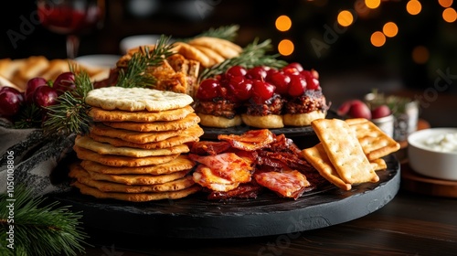 A variety of gourmet crackers displayed on a slate serving board, surrounded by festive holiday decorations and paired with sweet and savory accompaniments. photo