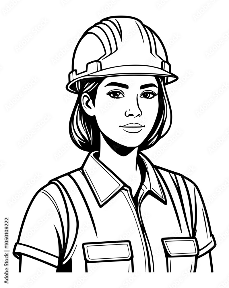 Female Construction worker wearing a protective helmet line art vector Female Construction worker wearing a protective helmet line art vector