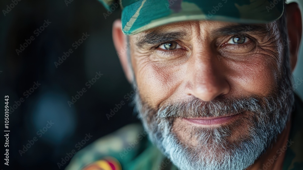 A close-up portrait of a smiling man in military camouflage uniform, focusing on his contented expression, capturing pride and dignity in a realistic style. A close-up portrait of a smiling man in military camouflage uniform, focusing on his contented expression, capturing pride and dignity in a realistic style.