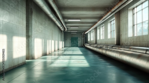 An expansive empty hallway with sunlight creating intricate shadow patterns on the floor, emphasizing solitude and architectural grandeur in concrete surroundings.