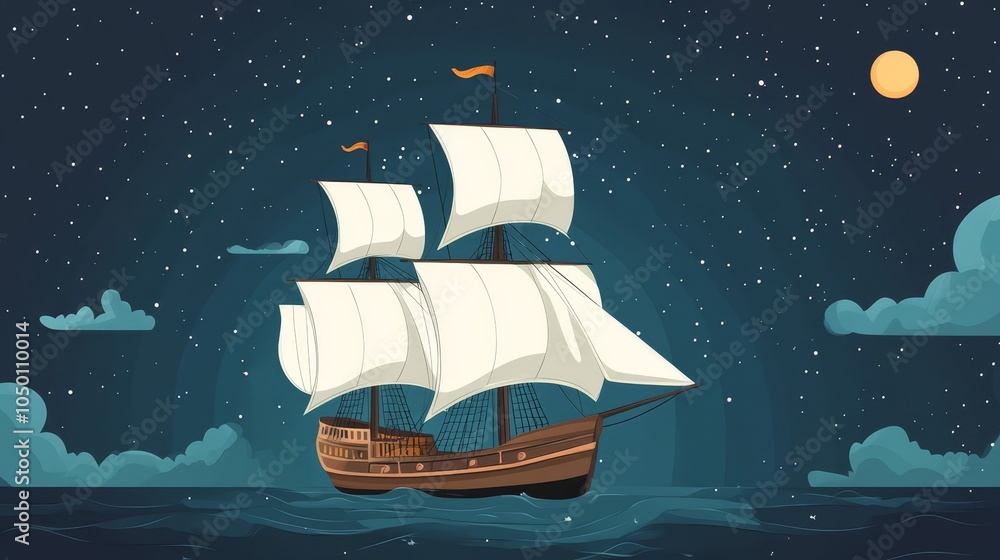 Naklejka premium Vintage Sailing Ship in Starry Ocean Night